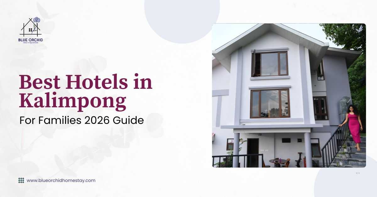 Best hotels in Kalimpong for families 2026 guide featuring Blue Orchid Premium Homestay with modern mountain-view accommodation in Kalimpong
